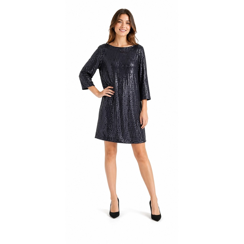 J.Crew Navy Blue Sequin Shift Dress 3/4 Sleeve V-Back Ribbon Tie Size 6